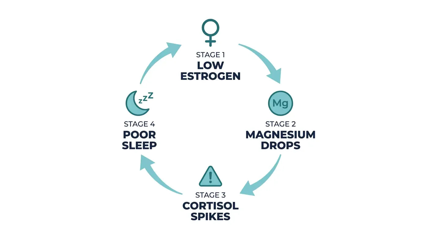 The magnesium depletion cycle: low estrogen, magnesium drops, cortisol spikes, poor sleep