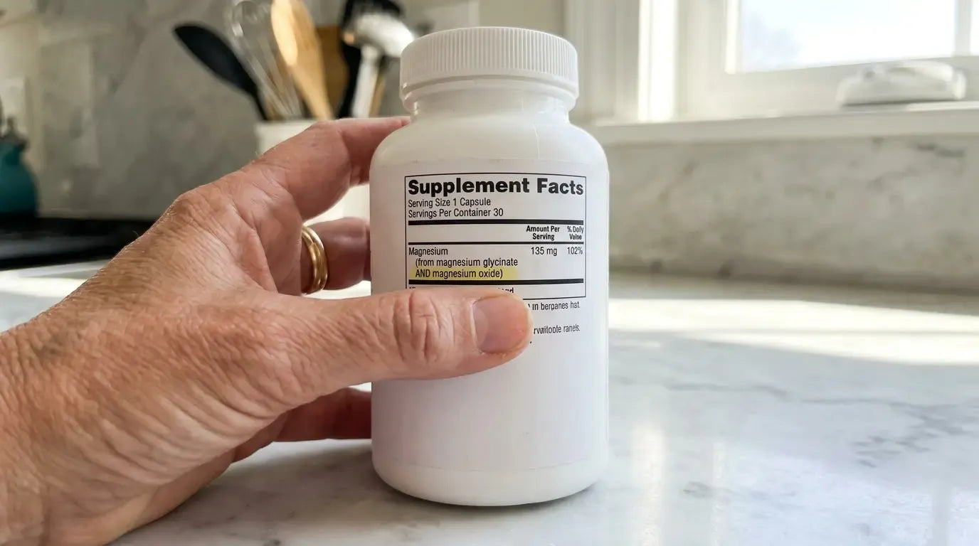 A supplement label showing magnesium oxide on the back