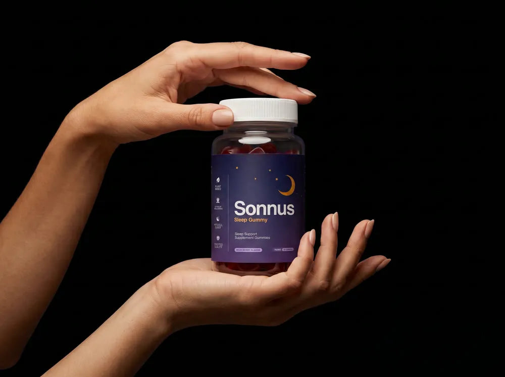 A jar of Sonnus Gummies held in hand