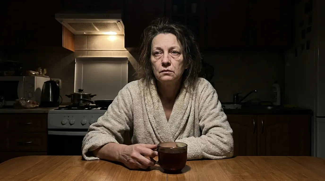 An exhausted woman at the kitchen table before dawn