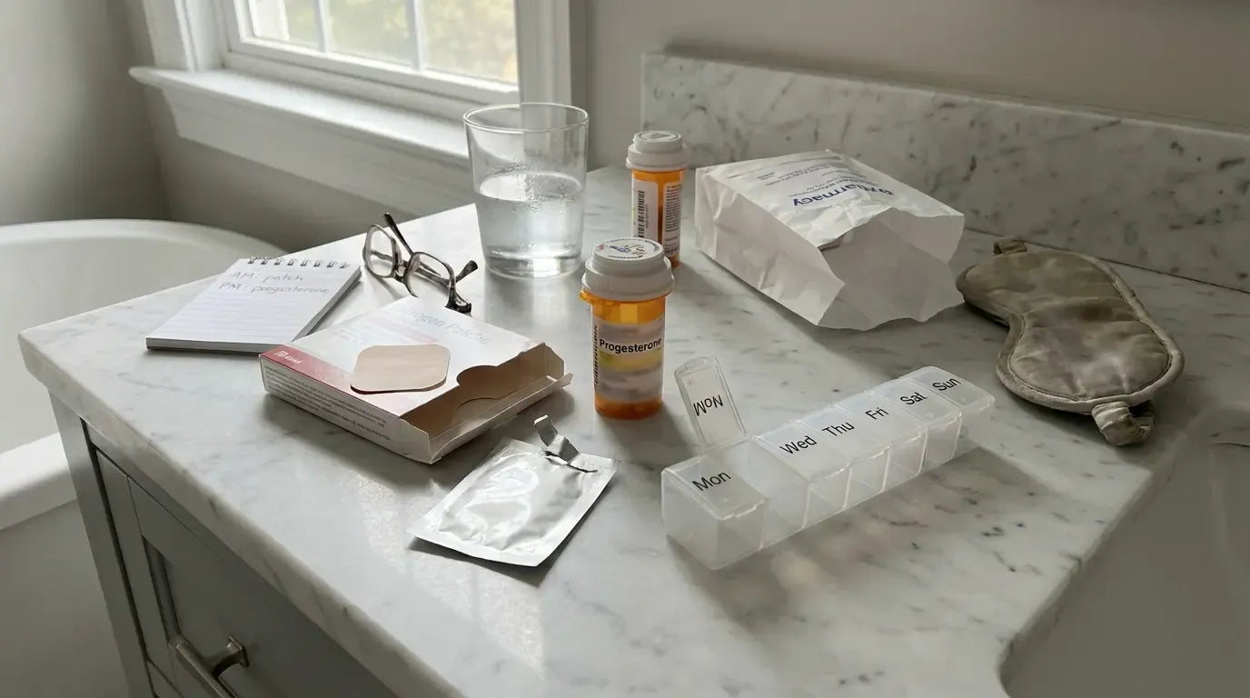 Hormone therapy and sleep aids on a bathroom counter