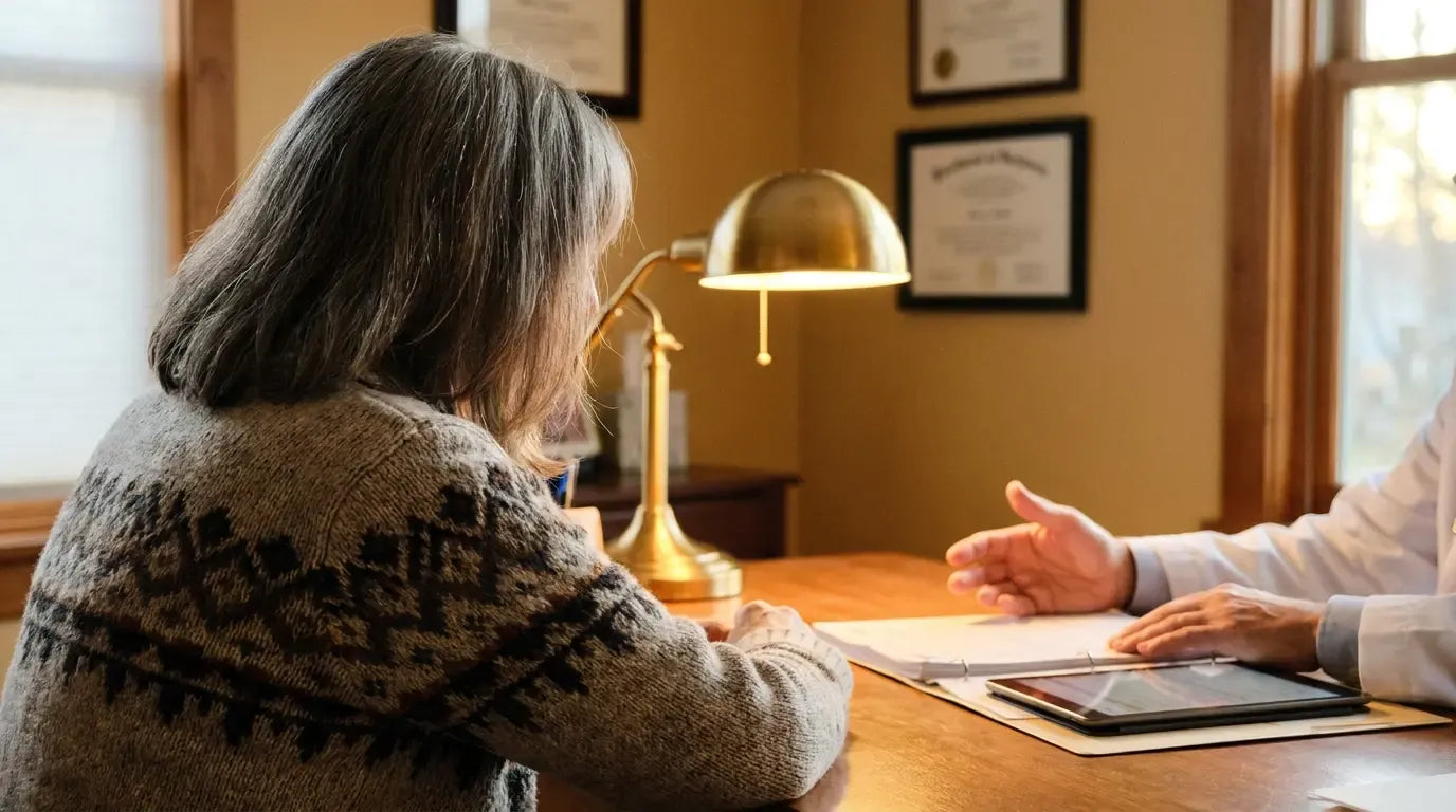 A physician talking with a patient across the desk