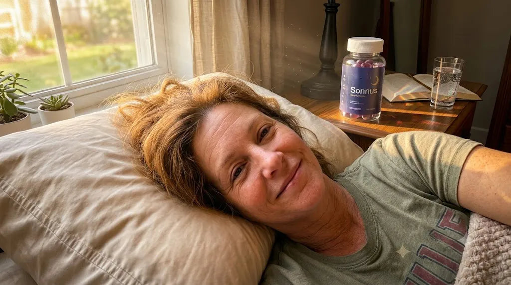 A woman waking rested with Sonnus Gummies on the nightstand