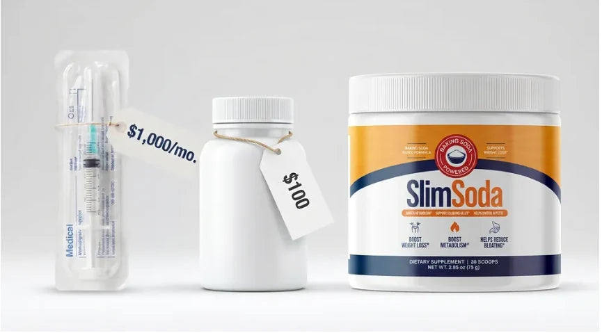 Price comparison graphic with a $1,000 per month syringe, a $100 fancy capsule bottle, and a SlimSoda tub at $29.99