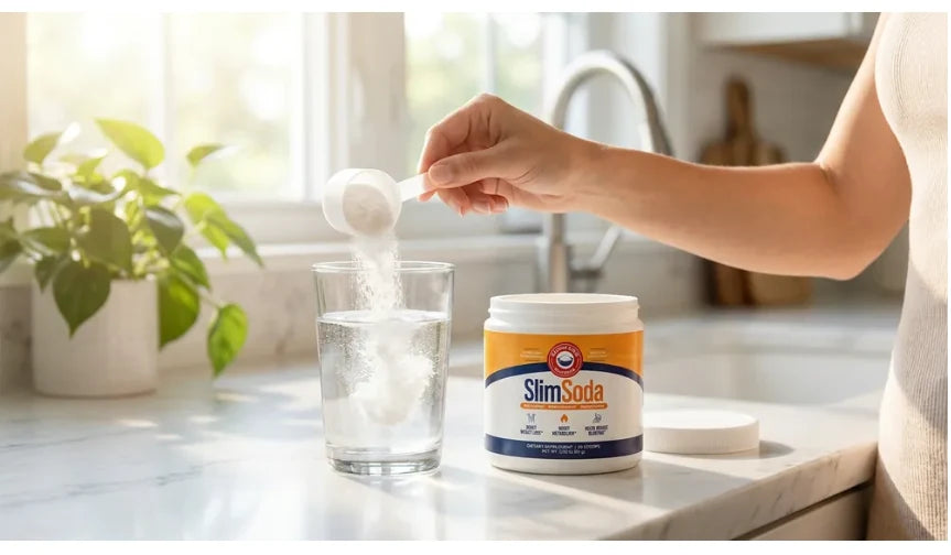 A hand scooping SlimSoda powder into a glass of water on a sunny morning kitchen counter