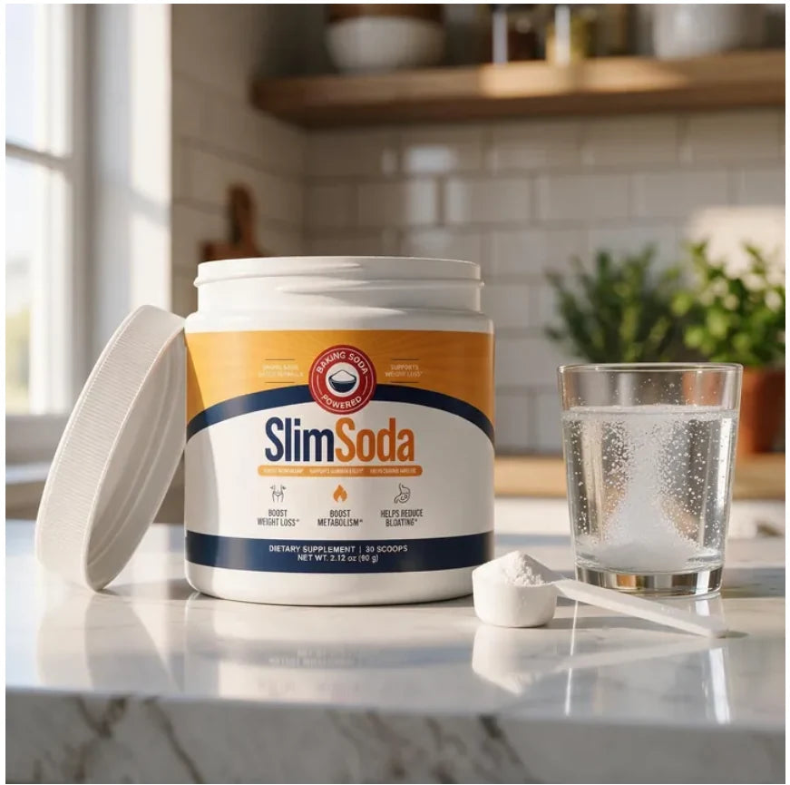 Clean product shot of a SlimSoda tub and scoop beside a glass of fizzing water on a bright kitchen counter