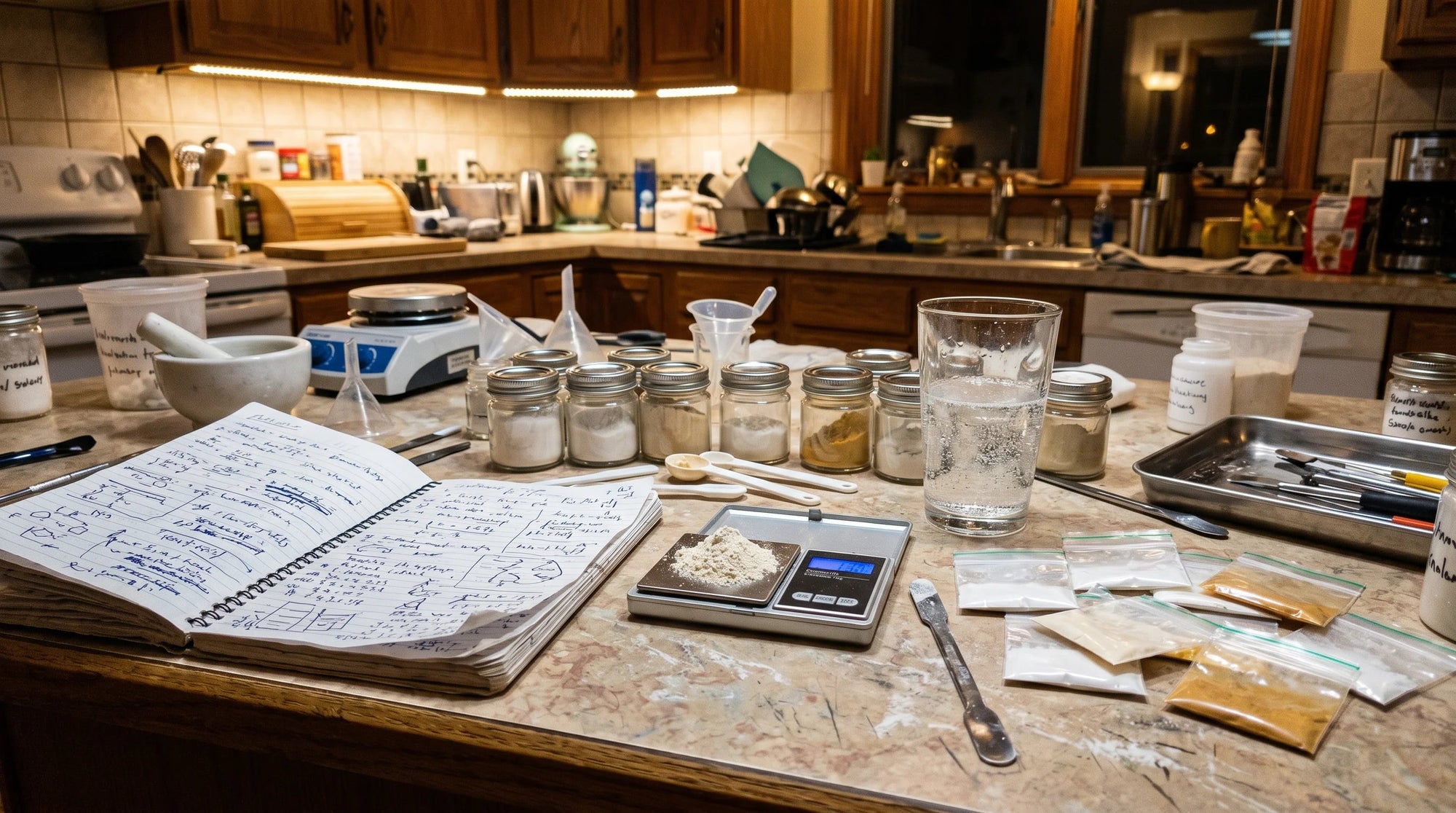 Dana kitchen counter turned into a makeshift lab with small jars of powder, a digital scale, a notebook of scribbled ratios and dozens of little baggies